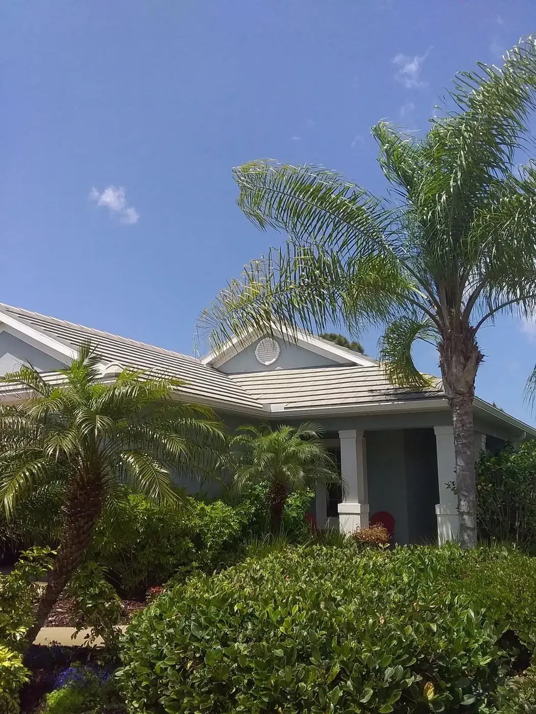 A single storey home with its tile roof cleaned, pale and even against a clear blue sky